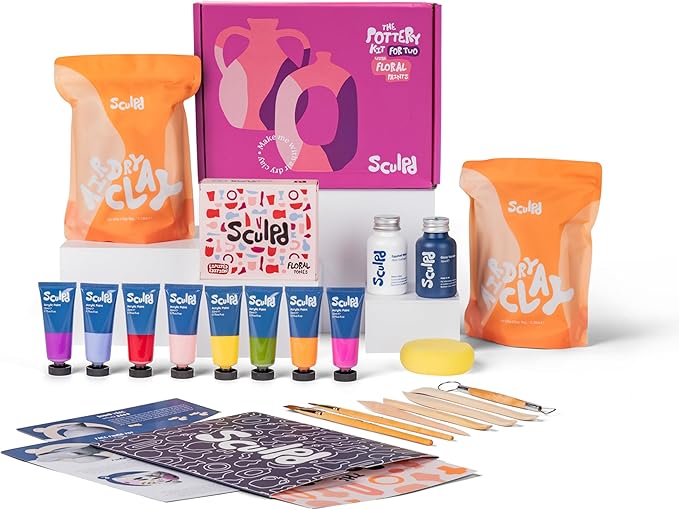 Sculpd - The Original Pottery Kit - Complete Air Dry Clay Kit for Adults Includes Sculpting Tools, Varnish, Paint Brushes, Guides, Arts & Crafts Sets, Gloss Varnish with Floral Tones