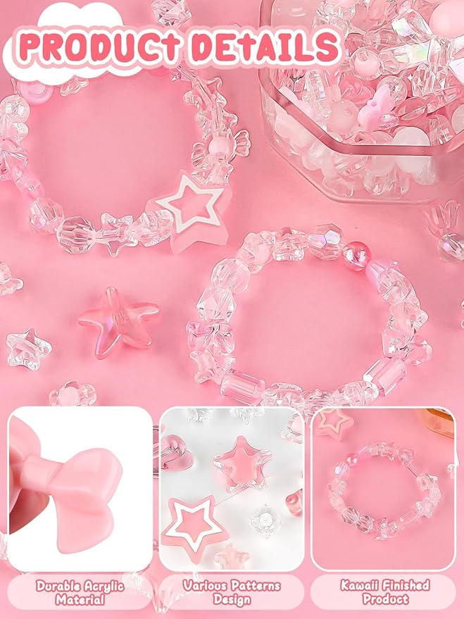 150PCS Acrylic Pastel Beads for Jewelry Making, Kalolary Colorful Bow Butterfly Flower Beads Kawaii Plastic Candy Heart Bead Cute Macaroon Aesthetic Bead for Bracelet Necklace DIY Supplies (Pink)