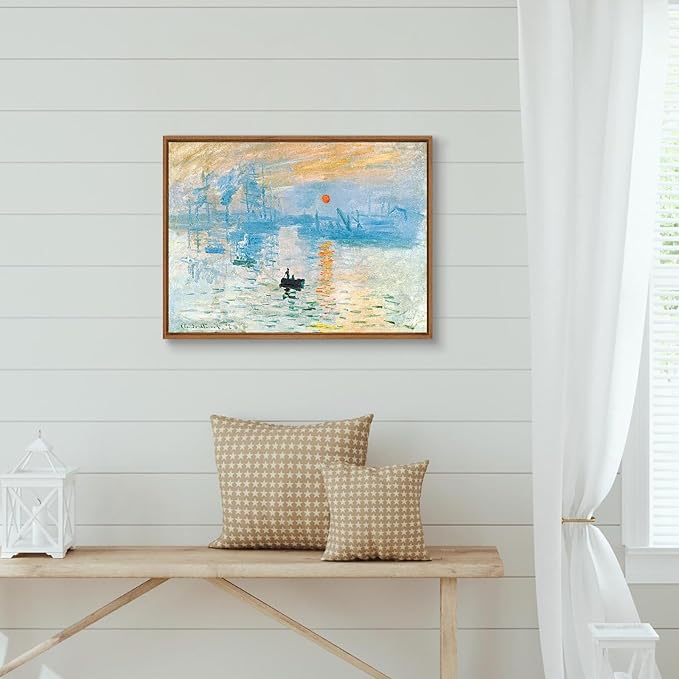 WENGTIAO Impression Sunrise Claude Monet Framed Canvas Wall Art Prints Natural Sunrise Scenery Oil Paintings Reproduction Blue Seascape Canvas Picture Artwork Decor for Living Room Bedroom 16x24 inch