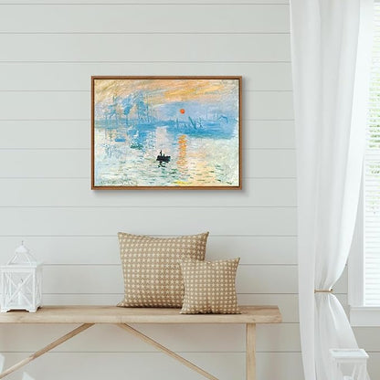 WENGTIAO Impression Sunrise Claude Monet Framed Canvas Wall Art Prints Natural Sunrise Scenery Oil Paintings Reproduction Blue Seascape Canvas Picture Artwork Decor for Living Room Bedroom 16x24 inch