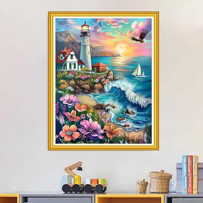 Magxvouy Cross Stitch Kits Stamped Full Range of Embroidery Kits,Cross Stitch Patterns Needlework Kits for Beginners 11CT Printed Kits&Lighthouse Seaside Flowers 16x20 inch