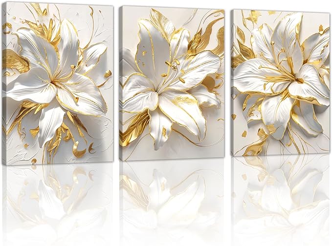 WENGTIAO 3Pcs Elegant White Lily Flowers Canvas Wall Art Boho White Floral Gold Edges Prints Pictures Paintings Beige Blossom Artwork for Living Room Bedroom Office Bathroom 12”x16 x3