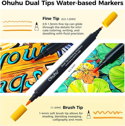 Ohuhu Markers Brush Tip 80-colors with 72-sheet Coloring Book - Double Tipped Markers for Adults Coloring Books - Art Marker Set Bundles with 100% Bleed-proof Pages - Fine & Brush Dual Tips