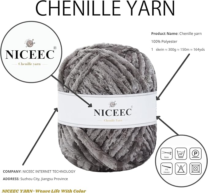 NICEEC 300g Soft Chenille Yarn Blanket Velvet Yarn for Knitting, Crochet, Weaving DIY Craft Total Length 150m (164yds)_Light Grey