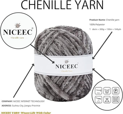 NICEEC 300g Soft Chenille Yarn Blanket Velvet Yarn for Knitting, Crochet, Weaving DIY Craft Total Length 150m (164yds)_Light Grey
