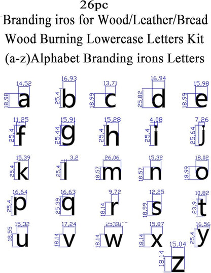 AIMOADO 26 Pcs 1" Lowercase Letters Branding Iron for Wood, Hats, Leather, Alphabet Branding Iron for BBQ Steak Bread & Personalized Gifts, with Wooden Box and 2 Handles (Lowercase Letter a-z)