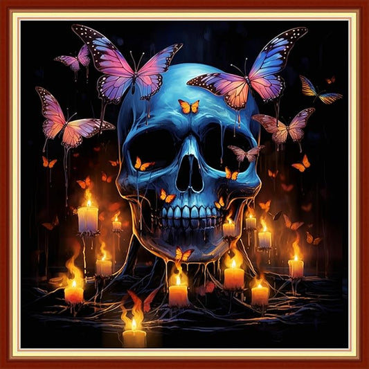 Disxvivy Cross Stitch Stamped Full Embroidery Kits DIY 11CT Cotton Thread Printed DIY Needlepoint Kits Craft Needlework Set Cross-Stitch Stamped Sets-Skeleton Butterfly 18x18 inch