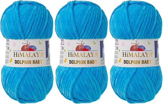 3 Skein/Pack Himalaya Dolphin Baby Chenille Yarn, Each Ball 100 gr (3.5 oz), 120 m (132 Yards), 100% Polyester, Super Bulky Baby Blanket Velvet Amigurumi Yarn, 80326 - Baby Blue