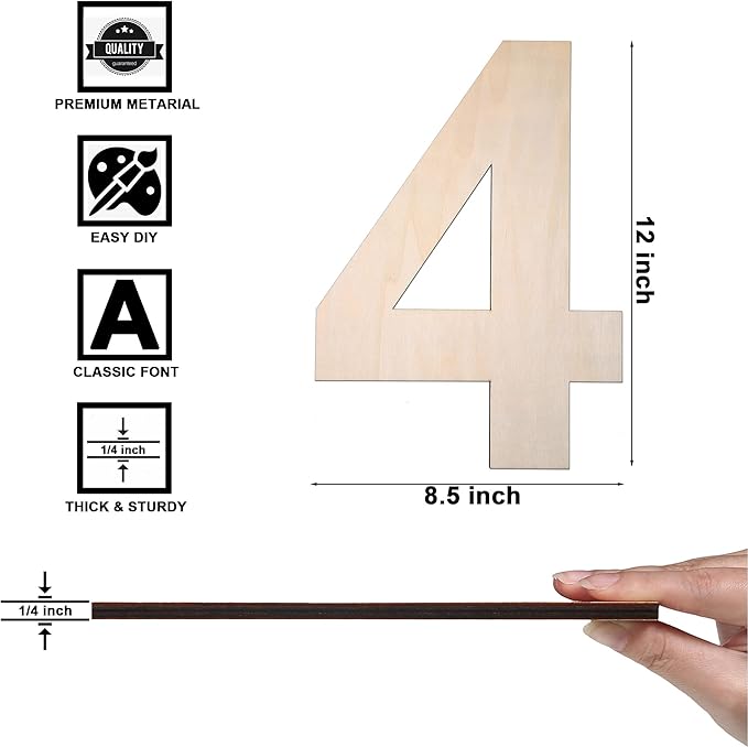 12 Inch Wooden Number 4, 1/4 Inch Thick Large Unfinished Wood Letter for DIY Crafts Home Wall Decor