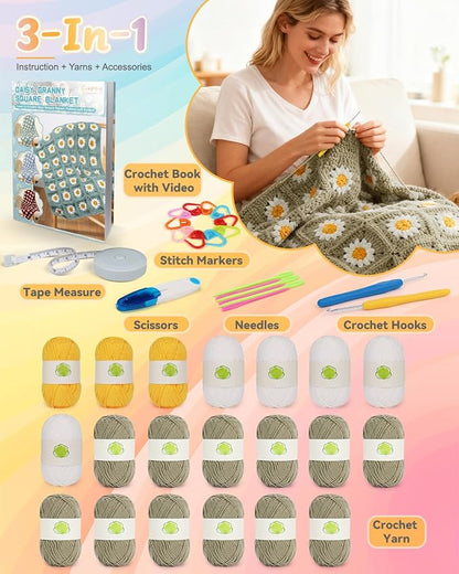 Coopay Crochet Blanket Kit for Beginners, All-in-One Granny Square Blanket Kit with Step-by-Step Video & Enough Yarns - Master Granny Square Crocheting Easily, Ideal Gift for Craft Lovers (Camel)