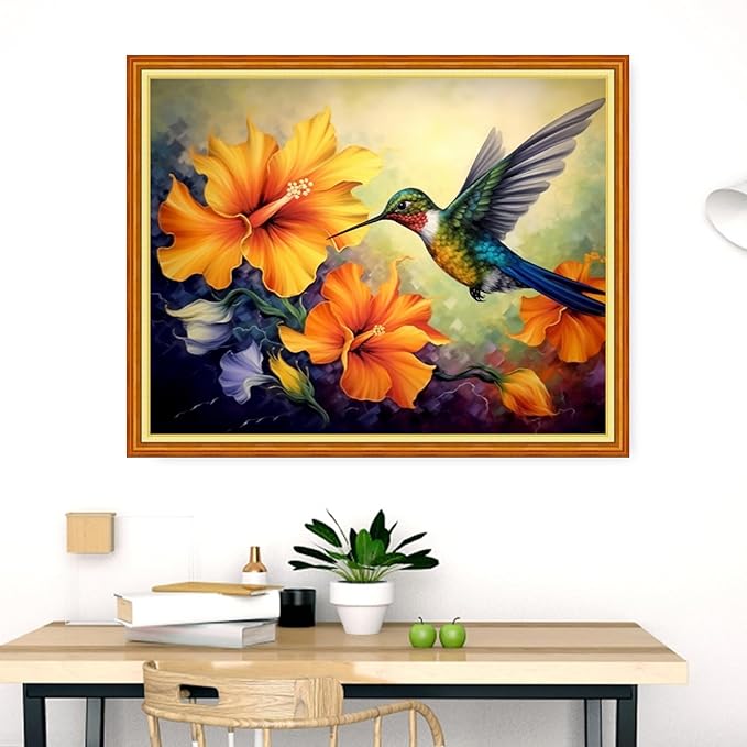 Dimensean Stamped Cross Stitch Kits Full Range of Embroidery Patterns Starter Kits for Beginners Adult DIY Cross Stitches Needlepoint Kits 11CT-Colorful Flower Hummingbird 16x20 inch