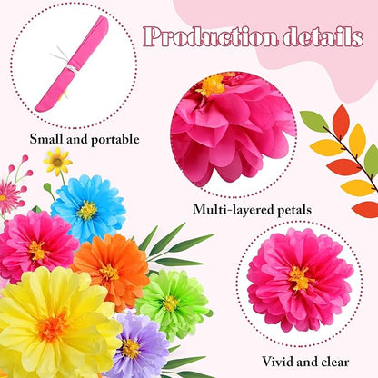 12 Pcs 10" 20" Giant Mexican Fiesta Paper Flowers Colorful Tissue Crepe Flowers Pom Poms Craft for Floral Party Backdrop Wedding Birthday Party (Cool Color)