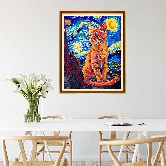 Joycasa Stamped Cross Stitch Kits for Beginners Full Range of Cross Stitching 11 CT Printed Cross Stitch Kit for Adults Cross-Stitch Patterns Needlepoint Kits-Cat Van Gogh Starry Sky 16x20 inchs