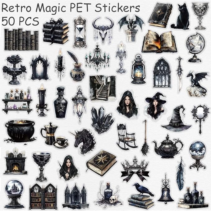 50 PCS Gothic Witchcraft Clear Scrapbook Stickers – Dark Aesthetic Witchy Ephemera Decals for Journaling, Spell Books, Bullet Journals, Grimoire, Gothic Decor, Witch Vintage Collage Supplies