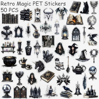 50 PCS Gothic Witchcraft Clear Scrapbook Stickers – Dark Aesthetic Witchy Ephemera Decals for Journaling, Spell Books, Bullet Journals, Grimoire, Gothic Decor, Witch Vintage Collage Supplies