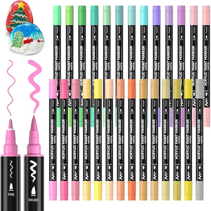 28 Pastel Colors Dual Tip Acrylic Paint Markers, Brush Tip and Fine Tip Acrylic Paint Pens for Rock, Ceramic, Wood, Canvas, Plastic, Glass, Stone, Calligraphy, Card Making, Crafts & Nail Art