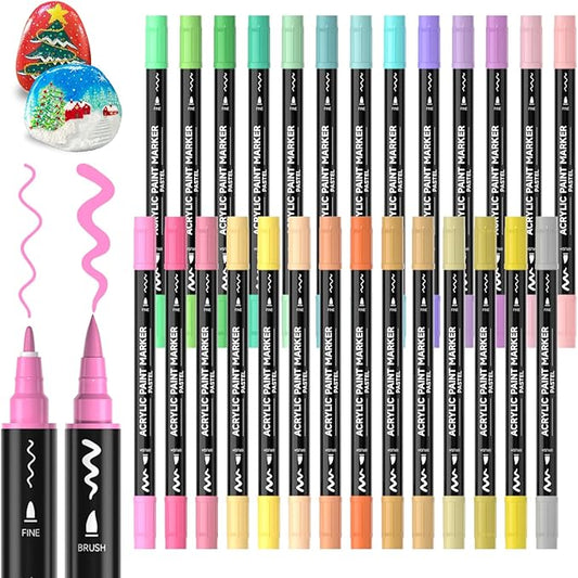 28 Pastel Colors Dual Tip Acrylic Paint Markers, Brush Tip and Fine Tip Acrylic Paint Pens for Rock, Ceramic, Wood, Canvas, Plastic, Glass, Stone, Calligraphy, Card Making, Crafts & Nail Art