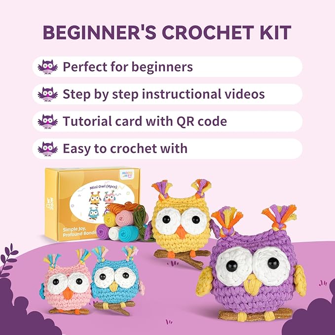 MOREJMTT Crochet Kit for Beginners, Crochet Animal Kits, Crocheting Kit for Starters, Learn to Crochet with Step-by-Step Video Tutorials, Beginner Crochet Kit for Adults(4 Pack owl)