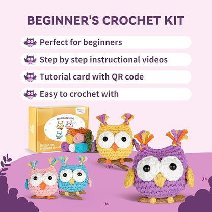 MOREJMTT Crochet Kit for Beginners, Crochet Animal Kits, Crocheting Kit for Starters, Learn to Crochet with Step-by-Step Video Tutorials, Beginner Crochet Kit for Adults(4 Pack owl)