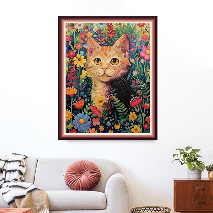 Funxvoot Stamped Cross Stitch Kits for Beginners or Adults Embroidery Starter Patterns | DIY Printed Cross Stitch Kits Needlepoint for Adults -Cat in Flowers 16x20 inch