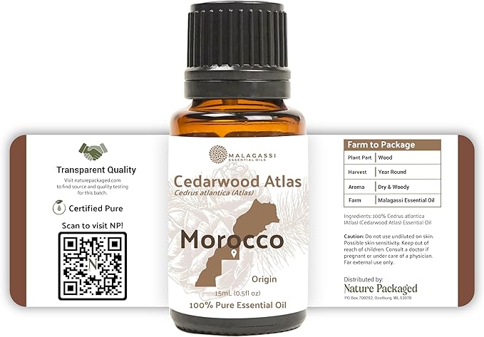 Nature Packaged Cedarwood Atlas Essential Oil - Direct from Morocco Forests - Steam Distilled - Cedro del Atlas for Aromatherapy, Massage, Diffuser, DIY Candle and Soap Making - 8oz