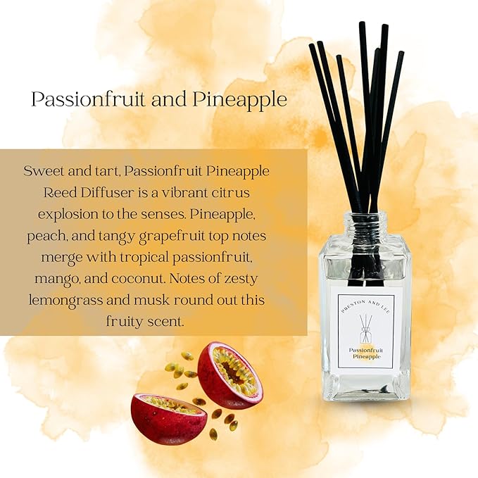 Preston and Lee Reed Diffuser Set | 100 ml (3.4 fl oz) Passionfruit and Pineapple Scent | Reed Diffuser Set | Aromatherapy Diffusers | Natural Reed Diffuser Oil for Home and Spa Fragrance