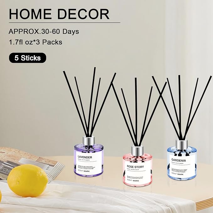 POWSHELF Reed Diffuser Set of 3 Pack,50ML Lavender Rose Gardenia Scented Oil Diffuser with 5 Sticks,Home Fragrance Reed Diffuser for Bedroom Bathroom Office (Lavender/Rose/Gardenia)