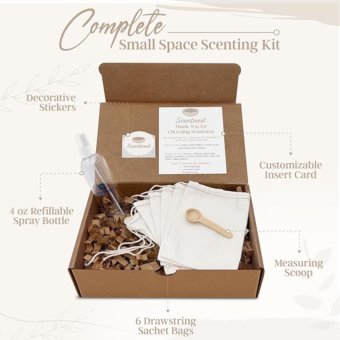 Scentnest DIY Home Fragrance Kit – Small Space Scenting Solution – Includes 6 Drawstring Sachet Bags, 4oz Spray Bottle, Scoop, Insert Card & Stickers – Fill with Beads, Herbs or Essential Oils