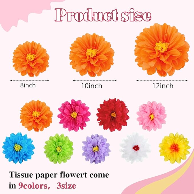 54 Pcs Mexican Flowers Party Decoration Fiesta Tissue Paper Fiesta Colorful Crepe Paper Flowers for Floral Backdrop Wedding Birthday Craft Wall 8" 10" 12"
