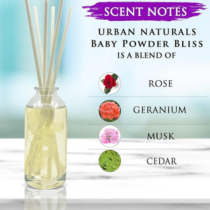Urban Naturals Baby Powder Bliss Reed Diffuser Set | Made with Essential Oils & Real Botanicals | Powdery Floral Notes, Rose, Geranium, Musk & Cedar | Makes a Great Gift | Made in The USA