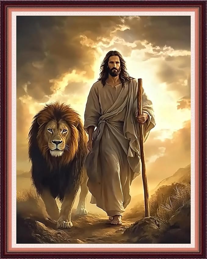 Fanxvivy Stamped Cross Stitch Kits for Beginners Full Range of Cross Stitching Preprinted Embroidery Kits for Adults, 11CT Embroidery Pattern Needlepoint Kits-Jesus and The Lion 16x20 inch
