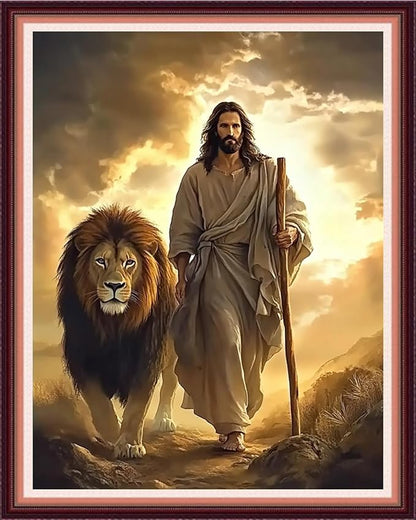 Fanxvivy Stamped Cross Stitch Kits for Beginners Full Range of Cross Stitching Preprinted Embroidery Kits for Adults, 11CT Embroidery Pattern Needlepoint Kits-Jesus and The Lion 16x20 inch