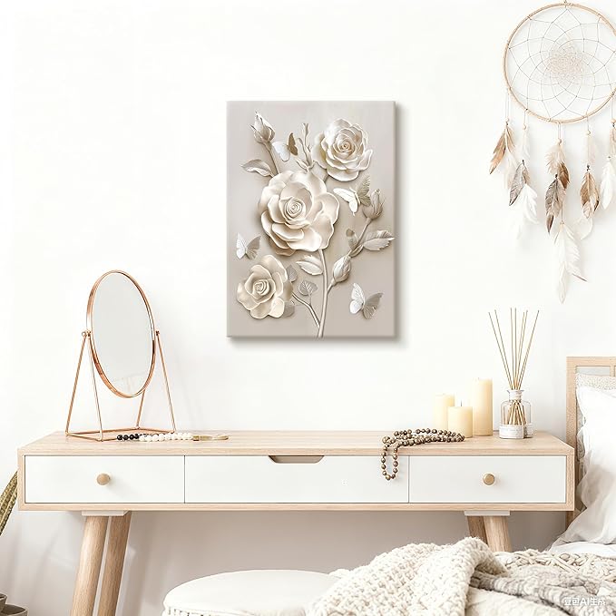 WENGTIAO Beige Flora Canvas Wall Art Neutral Roses Butterflies Wall Print Poster Modern Botanical Minimalist Blossom Painting Picture Elegant Flower Artwork for Living Room Bedroom Bathroom 16x24 inch