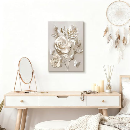 WENGTIAO Beige Flora Canvas Wall Art Neutral Roses Butterflies Wall Print Poster Modern Botanical Minimalist Blossom Painting Picture Elegant Flower Artwork for Living Room Bedroom Bathroom 16x24 inch