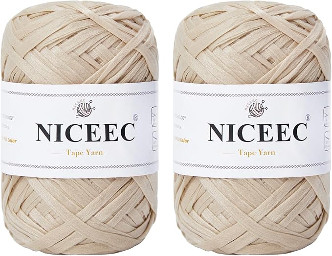 NICEEC 2 Skeins Soft Tape Yarn for Crocheting Craft Paper Yarn Easy Crochet Raffia Yarn Ribbon Yarn for DIY Craft Gift Wrapping Total Length 1.76oz×2/109yds×2-Milk Tea