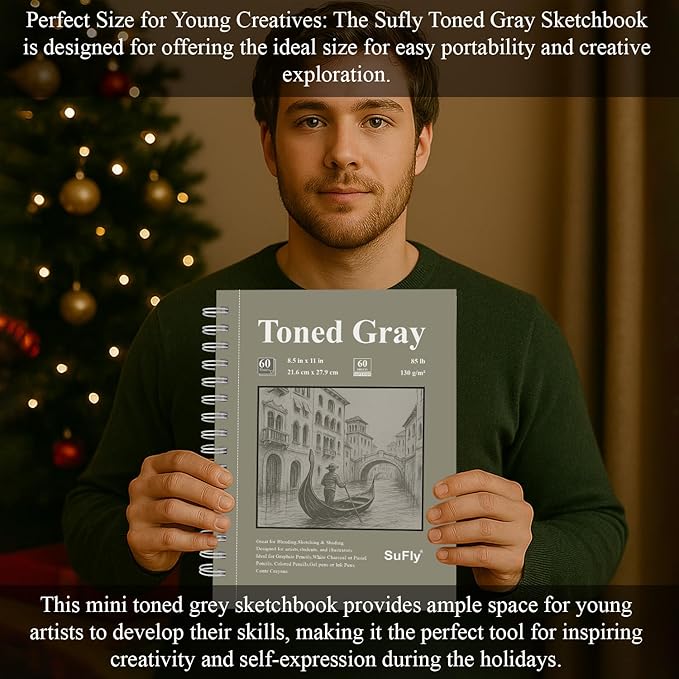 SuFly Toned Gray Sketchbook 8.5" x 11" - 60 Sheets Spiral Bound Artist Drawing Pad, 85lb/130gsm Toned Gray Paper for Graphite, Charcoal, Colored Pencils and Gel Pens.