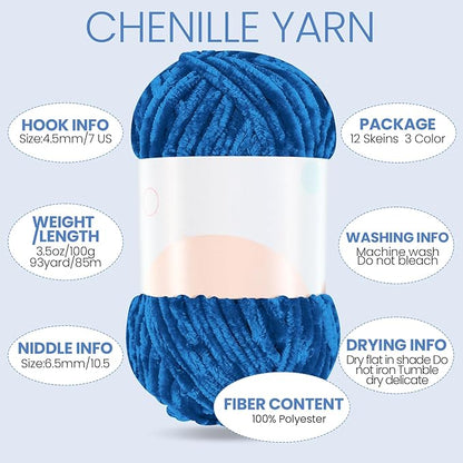 Xinnun 12 Skeins 1116 Yards Chenille Velvet Soft Thick Plush Yarn Bulk for Crocheting Knitting Blanket DIY Weaving Craft, 6mm, 3.5 Oz/Skein(Blue Series)