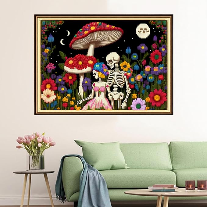 Findvoor Stamped Cross Stitch Kits for Beginners Full Range of Cross Stitching Embroidery Pattern for Adults, 11CT DIY Needlepoint Embroidery Starter Kits-Skeleton Couple 15.7x19.7 inch