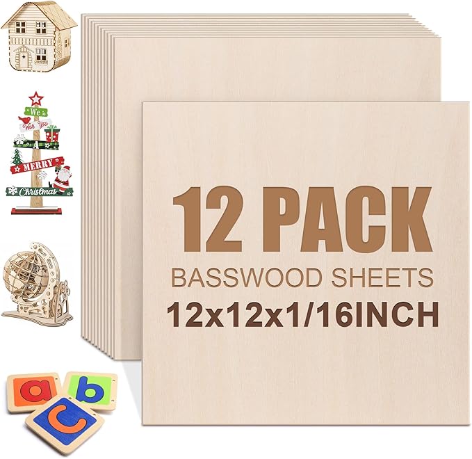 12 Pack Basswood Sheets 1/16"x12"x12", Balsa Wood Sheet for Laser Cutting and Engraving,Thin Plywood Board Unfinished Wood for Crafts, DIY Ornaments and Architectural Model, Wood Burning.