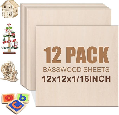 12 Pack Basswood Sheets 1/16"x12"x12", Balsa Wood Sheet for Laser Cutting and Engraving,Thin Plywood Board Unfinished Wood for Crafts, DIY Ornaments and Architectural Model, Wood Burning.