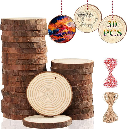 Artmag Natural Wood Slices 30pcs 2.8"-3.1" Unfinished DIY Crafts Predrilled with Hole Round Wooden Circles for Arts Rustic Wood Slices Christmas Ornaments Decor