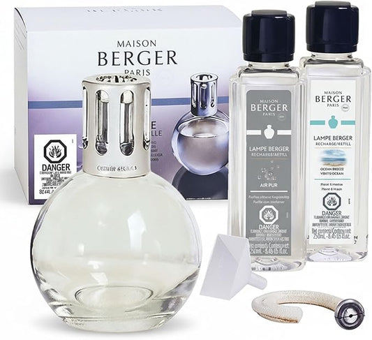 MAISON BERGER Gift Set – Lampe Berger Starter Round 2-in-1 Air Purifier & Fragrance Diffuser with Ocean Breeze & So Neutral Refills – 2 x 250 mL (8.45 fl oz) – Flameless Home Care – Made in France