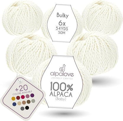 Bulky Set (6 x 1.75 oz) Super Soft Baby Alpaca Knitting Yarn Ecru 328 Yards