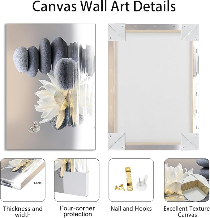 Zen Stone Framed Canvas Wall Art, White Flower and Yellow Butterfly on Lake Wall Paintings for Bathroom Living Room Bedroom Modern Spiritual Yoga Spa Canvas Prints Picture Wall Decor Artwork 12x16 inch