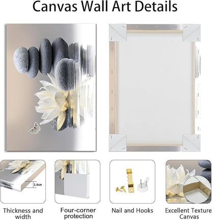 Zen Stone Framed Canvas Wall Art, White Flower and Yellow Butterfly on Lake Wall Paintings for Bathroom Living Room Bedroom Modern Spiritual Yoga Spa Canvas Prints Picture Wall Decor Artwork 12x16 inch