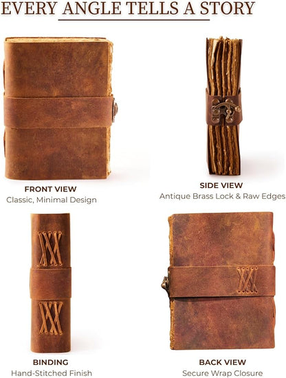 NomadCraftsCo. Vintage Leather Journal - Lock Closure, Book of Shadows Journal, Grimoire Journal, Witch Journal, Vintage Journal 240 pages Antique Deckle Edge Paper