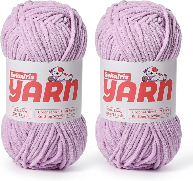 2 Pack Plush Chunky Chenille Yarn for Crocheting, Soft Fluffy Velvet Yarn for Crocheting Amigurumi, Fuzzy Baby Blanket Knitting 200g/262yds Bulky(2 Light Purple)