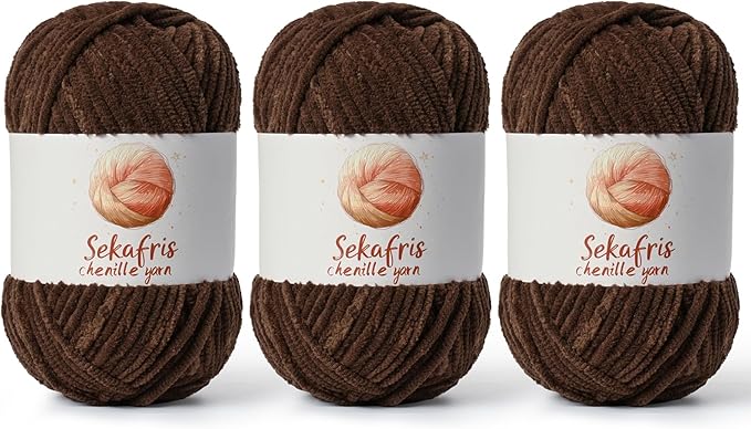 3 Pack Coffee Chunky Chenille Yarn for Crocheting, Bulky Velvet Yarns for Crochet, Baby Yarn for Crocheting Soft Blanket, 393 yds/10.5 oz Fluffy Amigurumi Crochet Yarn
