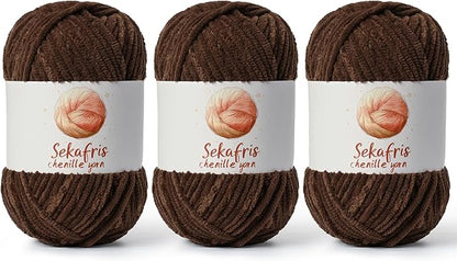 3 Pack Coffee Chunky Chenille Yarn for Crocheting, Bulky Velvet Yarns for Crochet, Baby Yarn for Crocheting Soft Blanket, 393 yds/10.5 oz Fluffy Amigurumi Crochet Yarn