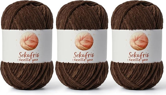 3 Pack Coffee Chunky Chenille Yarn for Crocheting, Bulky Velvet Yarns for Crochet, Baby Yarn for Crocheting Soft Blanket, 393 yds/10.5 oz Fluffy Amigurumi Crochet Yarn